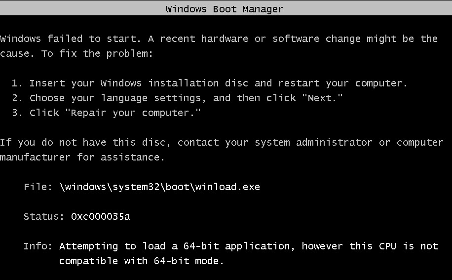 Error 0xc000035a - Attempting to load a 64-bit application